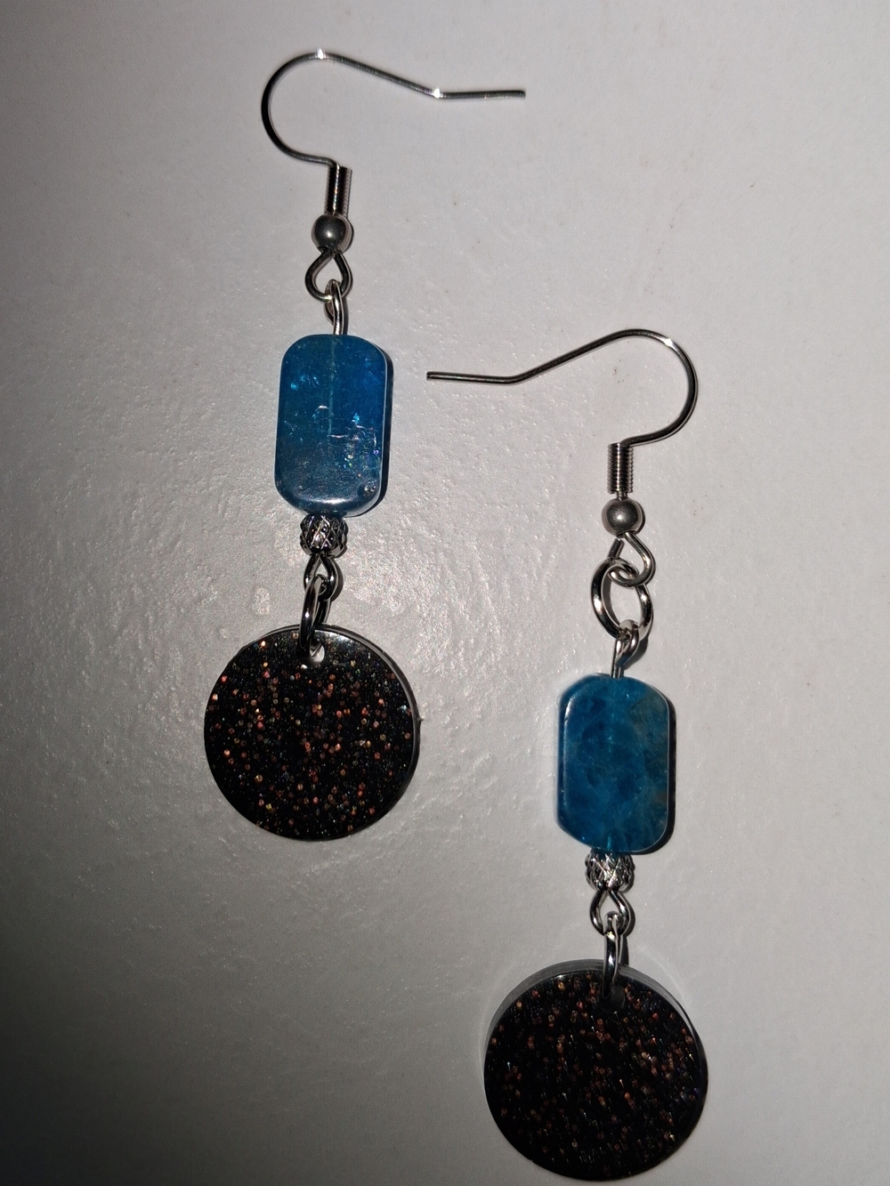 Handmade Blue Stone and Black Glitter Disc Drop Earrings - Unbranded